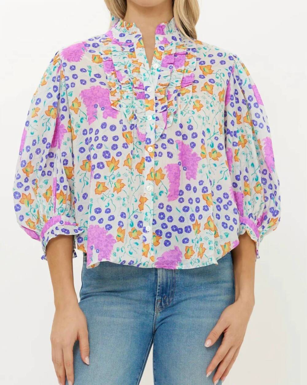 NEW OLIPHANT ruffle front button blouse in fleur lilac